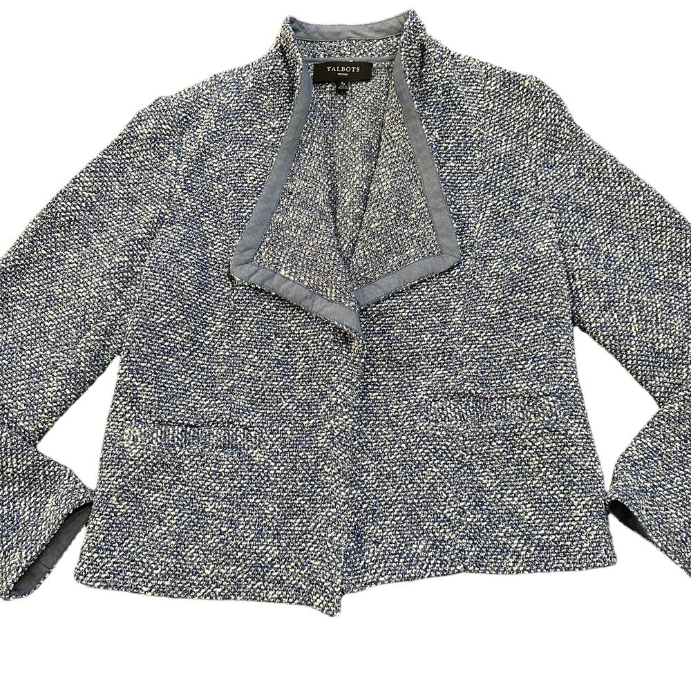 Talbots Womens blue white tweed blazer jacket pockets Size SP